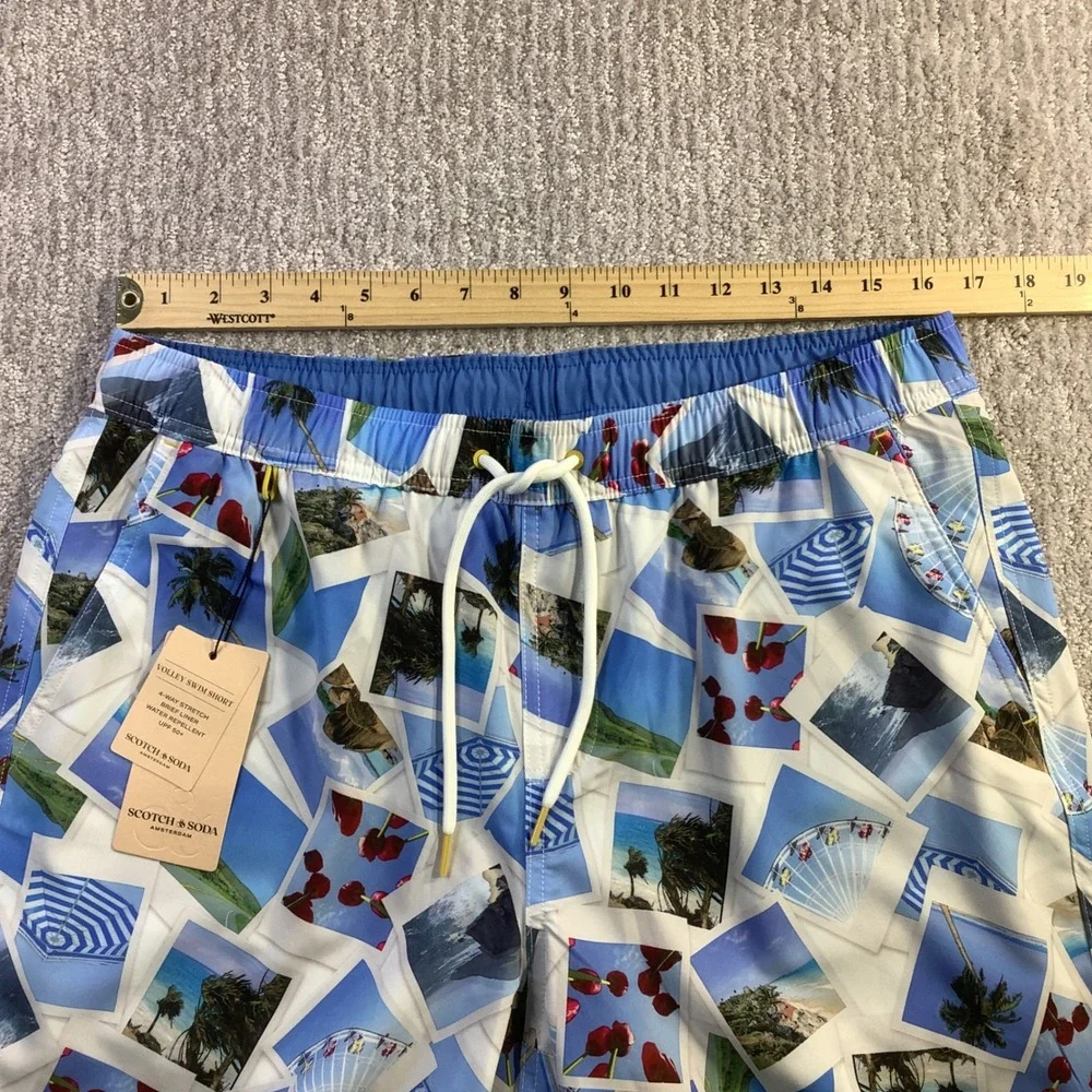 Scotch & Soda Mens Volley Swim Shorts Polaroid Print White Blue Size M NWT